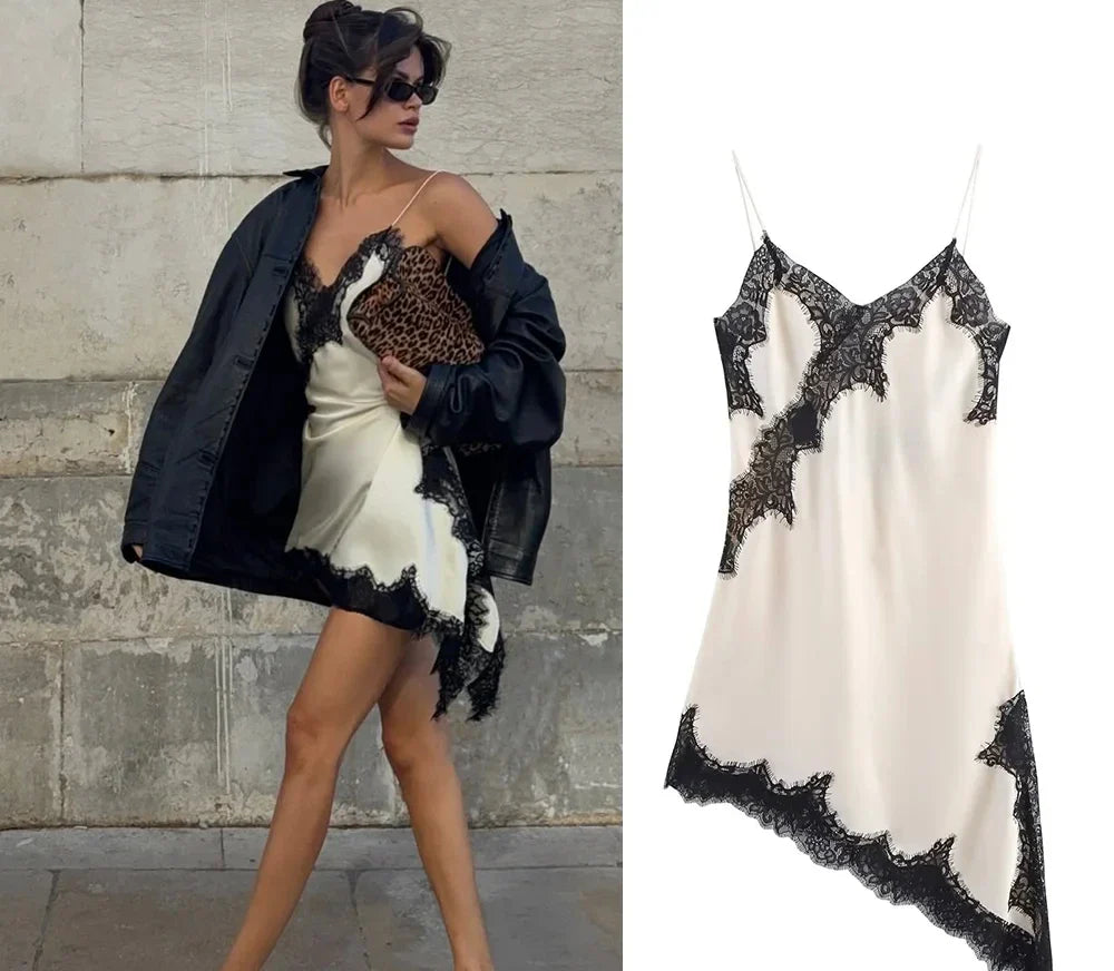 KONDALA Lady Elegant Lace Halter Y2K Dress Satin Asymmetrical Mini Dress 2025 Summer Fall High Street Party Hot-Sexy Women Dress