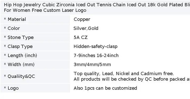 Hip Hop Jewelry Cubic Zirconia Iced Out Tennis Chain Iced Out 18k Gold Plated Bling Necklace For Women Free Custom Laser Logo