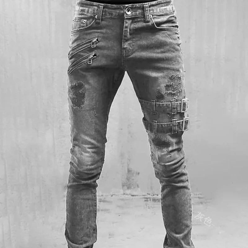 Men Slim Biker Ripped Long Denim Trousers Skinny Jeans Pocket Side Straps