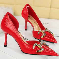 Western Style 8cm High Heels Side Hollow Pumps Lady Luxury Designer Metal Chain