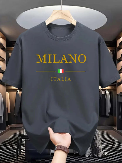 Men's summer 100 cotton fashionable casual loose plus size MILANO ITALIA pattern printed sports round neck short sleeved T-shirt