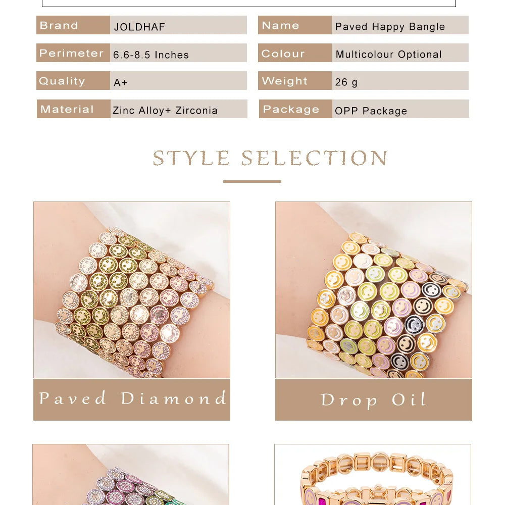 2024 New Happy Bangle Paved Diamond Enamel Beaded Bracelets For Women Boho Gold Color Elastic Bracelets