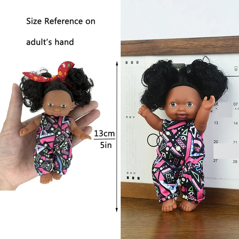 5in/13cm Kawaii Cute Black New Reborn Baby Dolls Educational Dolls Black Skin Black Hair With Cute Bow Headwear Birthday Gift