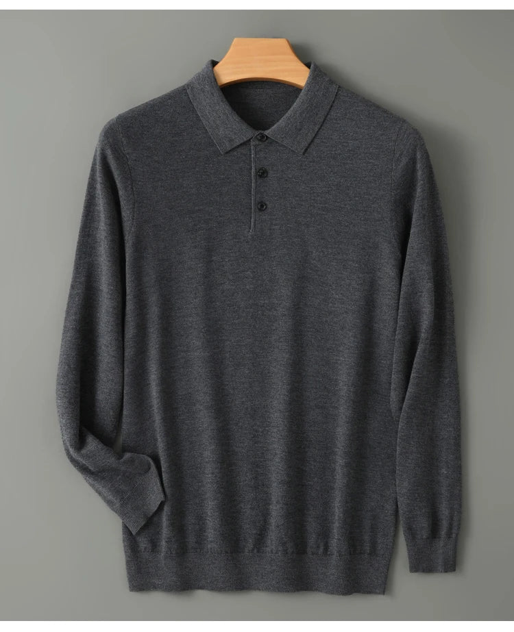 Spring Autumn Men Shirt  Merino Worsted Wool Knitted Pullover Long Sleeve Polo-Collar Clothing Tops Smart Casual Thin Outerwears