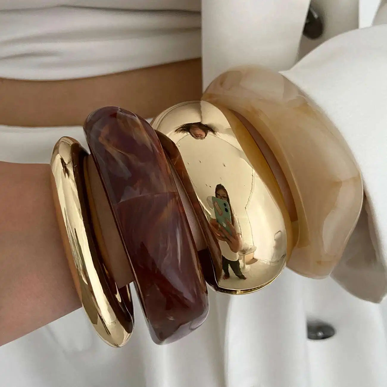 IngeSight.Z 3 Styles Vintage Irregular Resin Bangle Bracelets Women Punk Geometric Wide Metal Bracelet Chunky Party Jewelry Gift