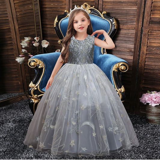 Grey Girls' formal dress with star embroidery, long dress with temperament, long mesh dress, host piano performance costume