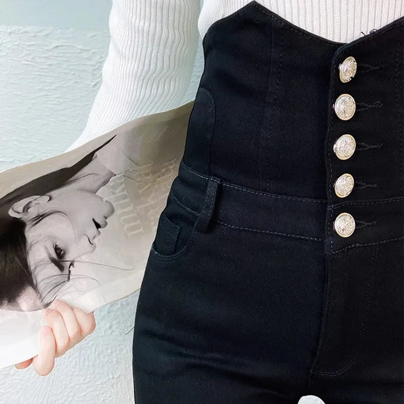 Super High Waist Stretch Skinny Jeans Women Korean Slim Button Fly Pencil Denim