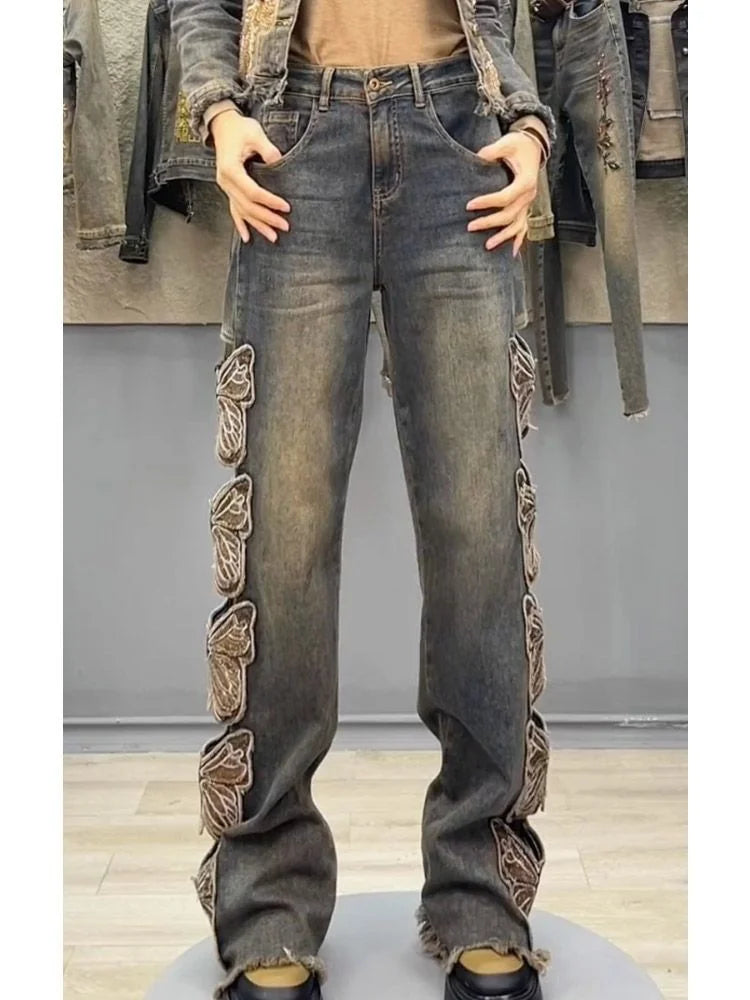 Summer Y2K Streetwear Harajuku Butterfly Decoration Denim Pants