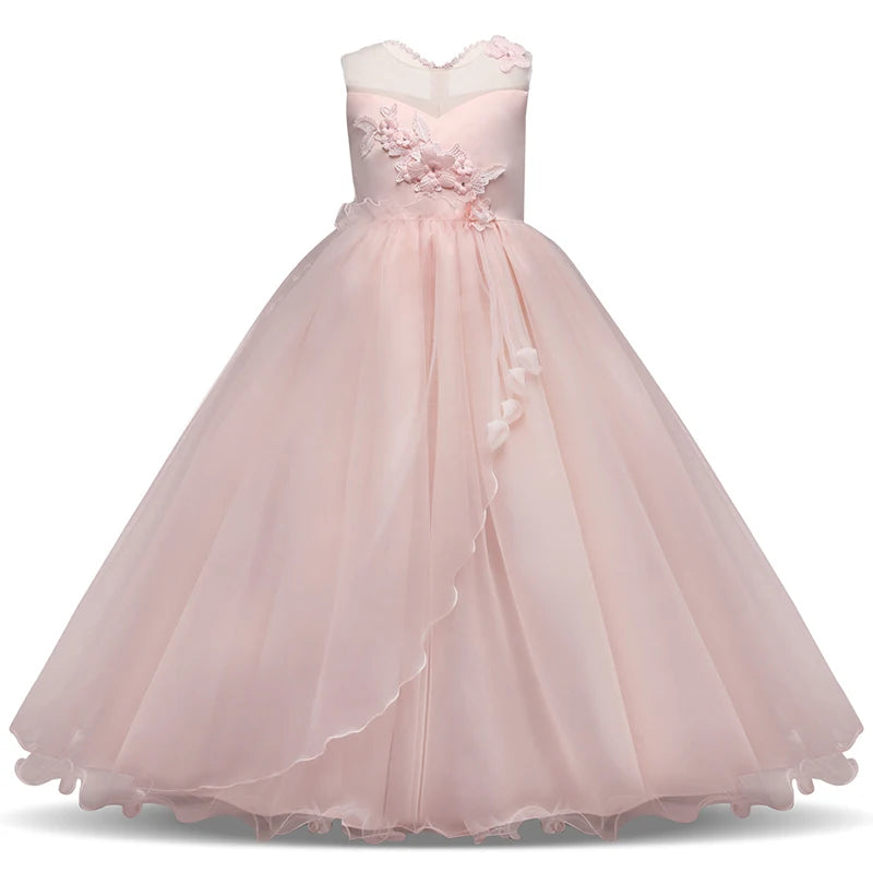 Girls Sleeveless Crew Neck Long Dress Flower Mesh Princess Skirt Piano Performance Dress For girls aged 4-14