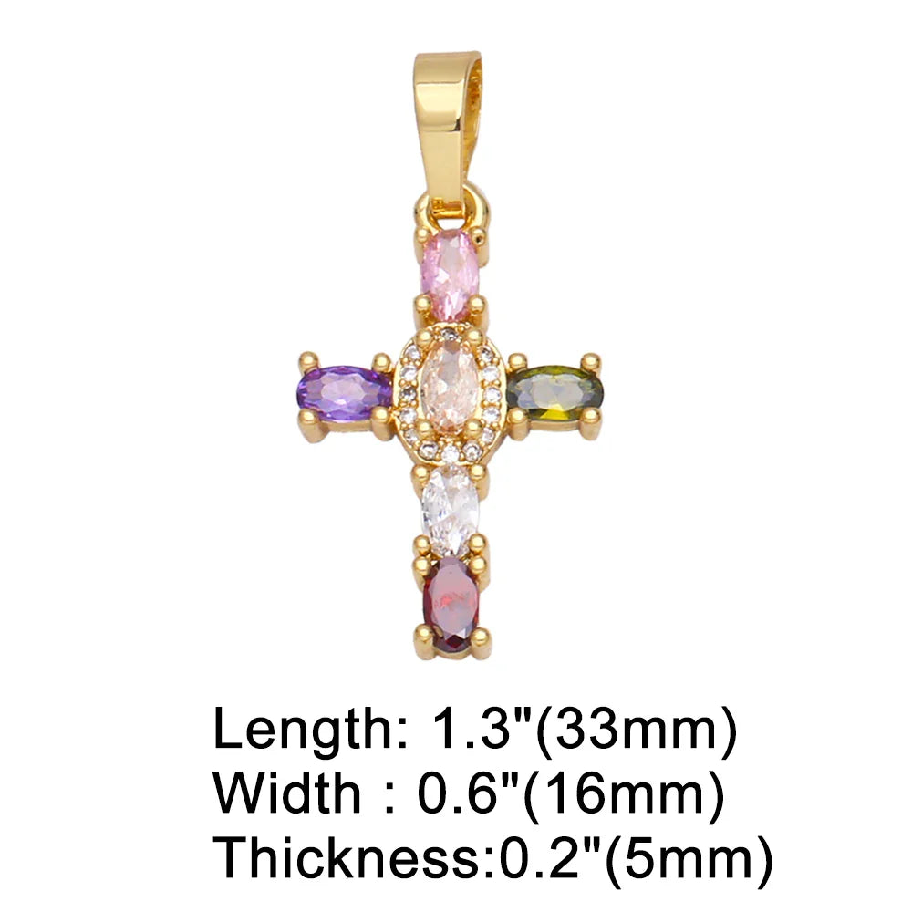 OCESRIO Big Rainbow Colorful Cross Pendants for Necklace Gold Plated  Copper Zircon Religious Jewelry Components pdta638
