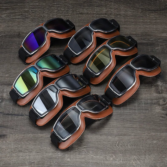 Retro Motorcycle Goggles Vintage MotoRider Scooter Pilot Leather Glasses Outdoor Windproof UV Sunglasses Bicycle Cycling Goggles