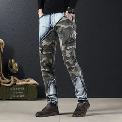 Splicing Camouflage Jeans for Men Graphic Tapered Male Cowboy Pants with Pockets