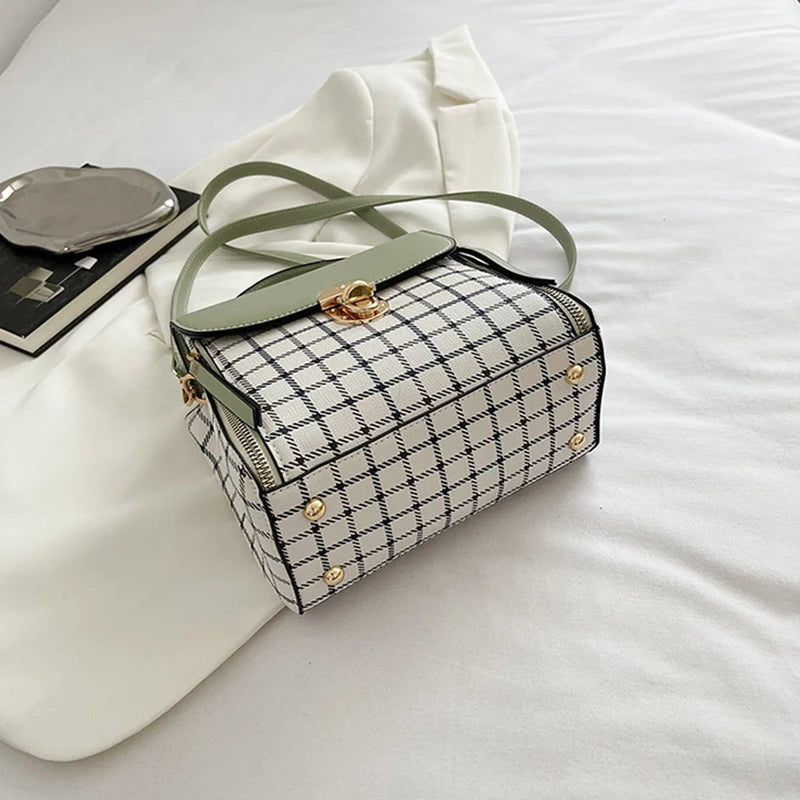 Women Trendy Flap Shoulder Bag PU Leather Crossbody Bag Simple Plaid Designer