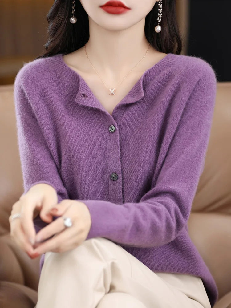 Long Sleeve 100% Merino Wool Sweaters Cashmere Cardigan Spring Autumn Women