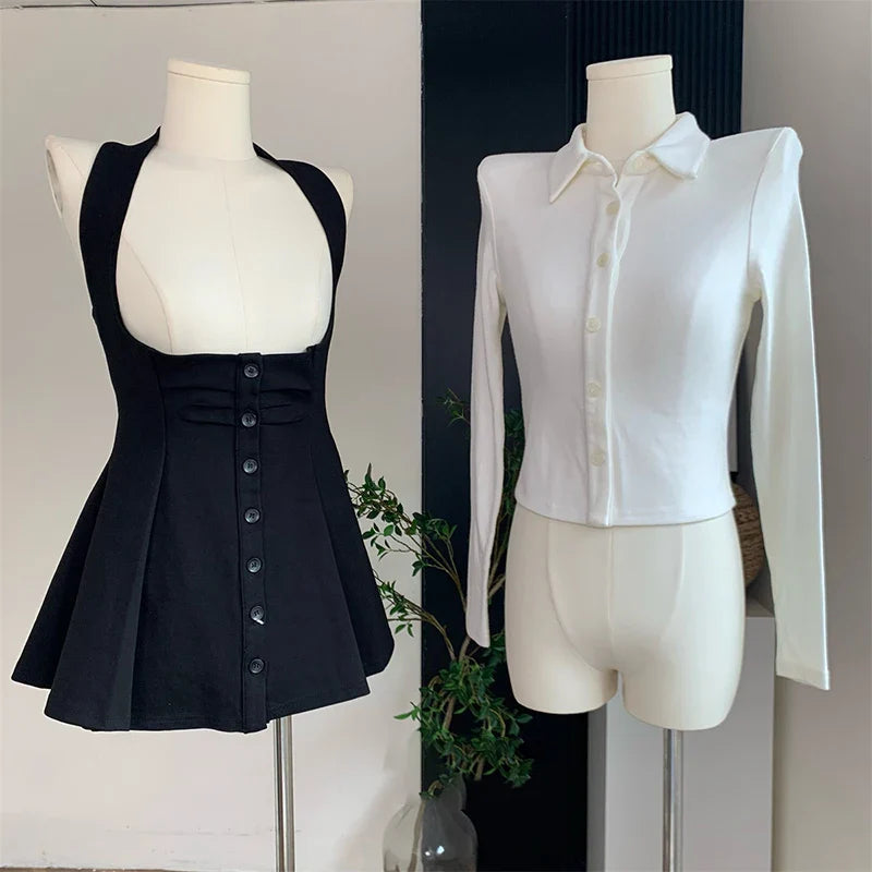 DUOJIHUI Two Piece New Sexy Chic Halter Female Dresses Basic Polo Neck Fashion Button Shirt Slim Simple A-line XS-L Women Dress