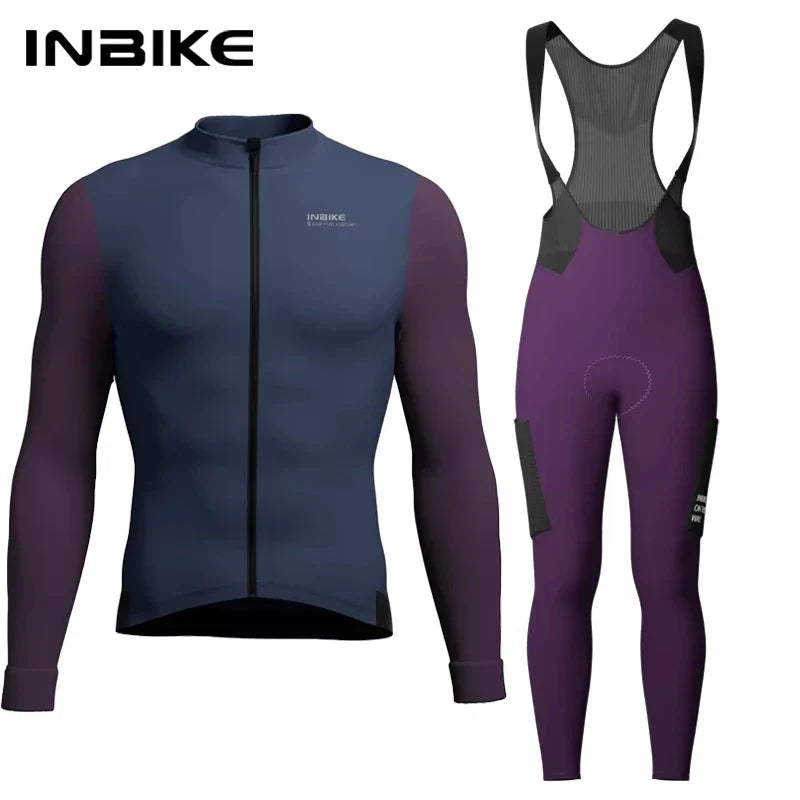 INBIKE Winter Cycling Clothing for Men Fleece Cycling Sets Long Sleeve Jersey with Pockets Long Bicycle Bib Pants for Road Bikes