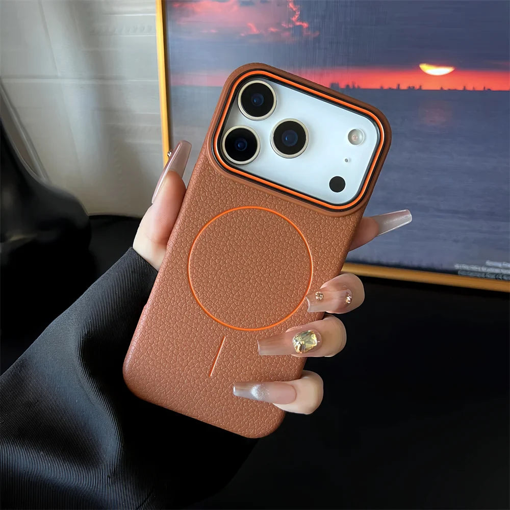 Frosted Hit Color Lichee Pattern Magnetic Phone Case For iPhone 17 Pro Max  For Magsafe TPU Soft Cover