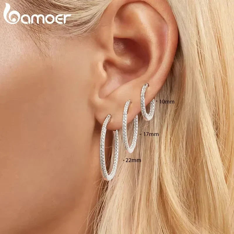 BAMOER 925 Sterling Silver Cubic Zirconia Hoop Earrings, White Gold Plated Lightweight Hypoallergenic Hoop Earrings for Women