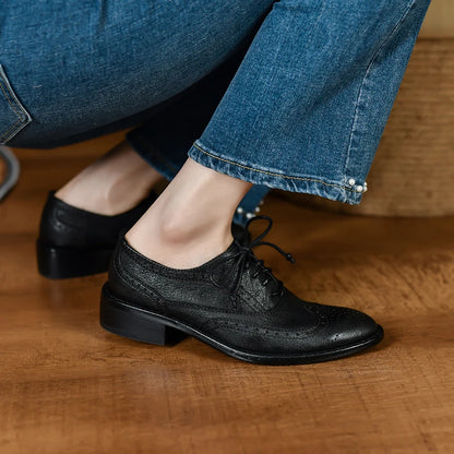 Lace-Up Brogue Shoes for Women Vintage Oxfords Flat Shoes Woman Cowhide Lady Flats Retro Low Heel British Style Quality Oxfords