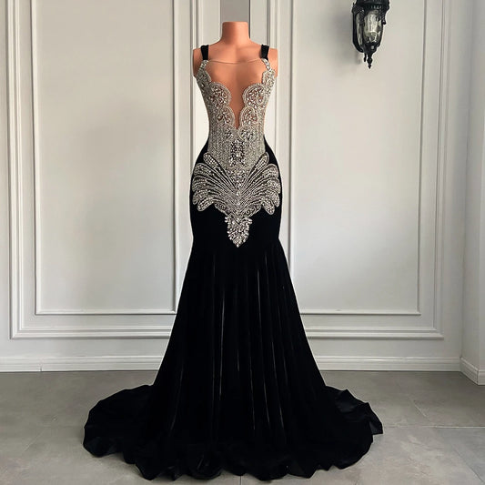 Silver Diamond Crystals Black Girl Velvet Prom Party Gowns