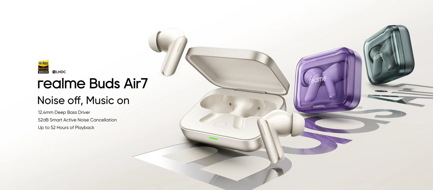 Global Version realme Buds Air 7 TWS Earphone 52dB Noise Cancellation 52 Hours Battery Life 12.4mm Bass Driver LHDC 5.0 IP55