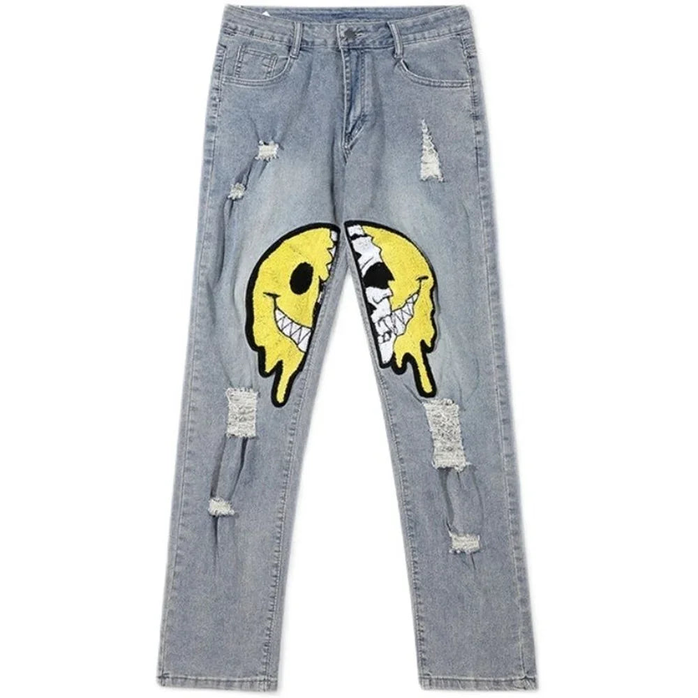 Irregular Ripped Hole Jeans Denim Pant Woman Man Straight Patchwork Baggy