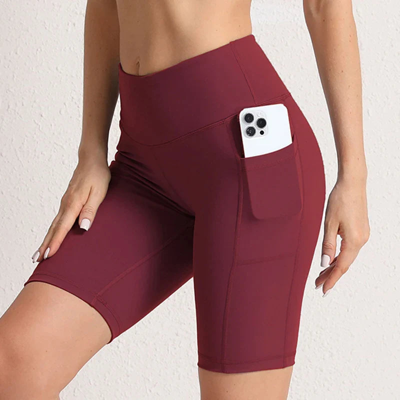 CHRLEISURE Women Yoga Shorts with 3 Pockets Seamless Gym Fitness Tights Elastic Cycling Shorts Female Solid Color Leggings