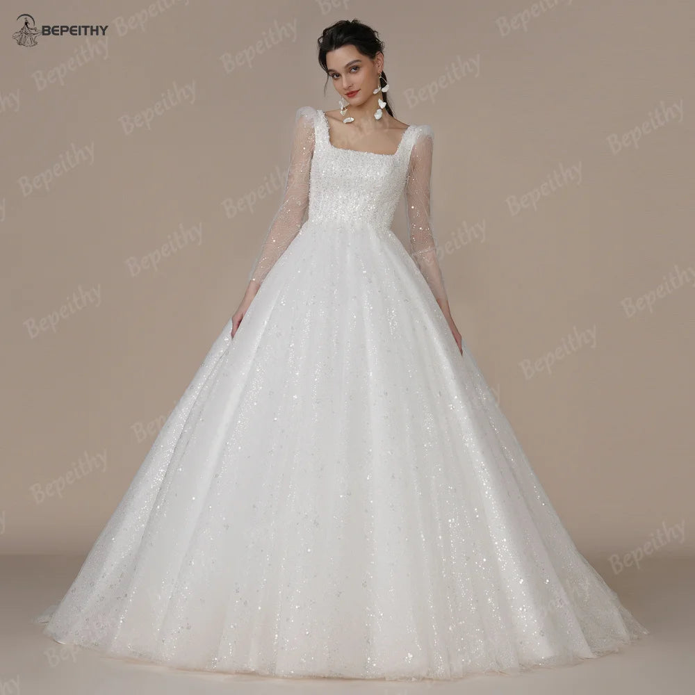 White Bridesmaid Dresses: Wedding Dresses For Women Long Sleeves Glitter