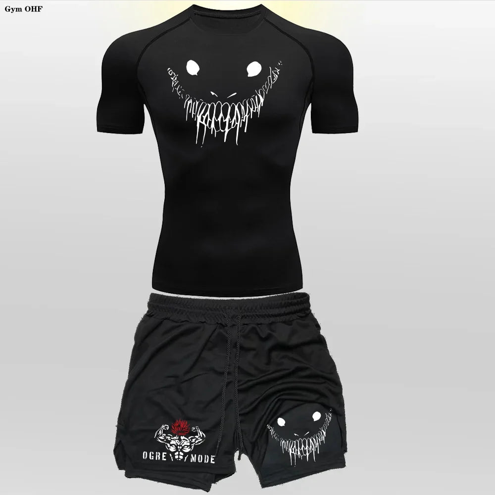 Funny Face 2 in 1 Shorts T Shirt Suits Men's Fitness Breathable Second Skin Compression Shirts Sets Gym Double Deck Shorts