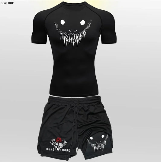 Funny Face 2 in 1 Shorts T Shirt Suits Men's Fitness Breathable Second Skin Compression Shirts Sets Gym Double Deck Shorts