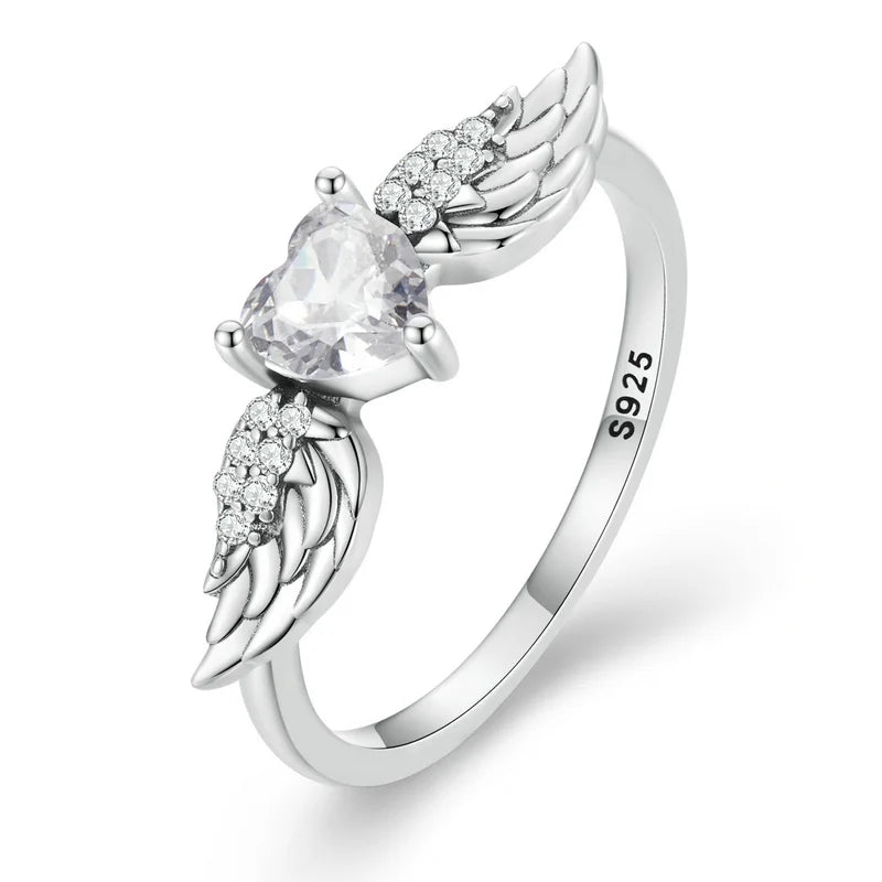 BAMOER 925 Sterling Silver Angel Wing Ring for Women Retro Feather Pink Heart Zircon Eternity Band Ring Anniversary Jewelry Gift