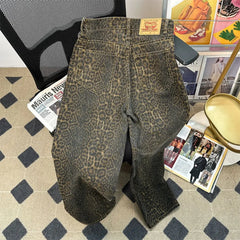 Retro Spring Trendy Leopard Print Jeans Women's American High Street Trousers