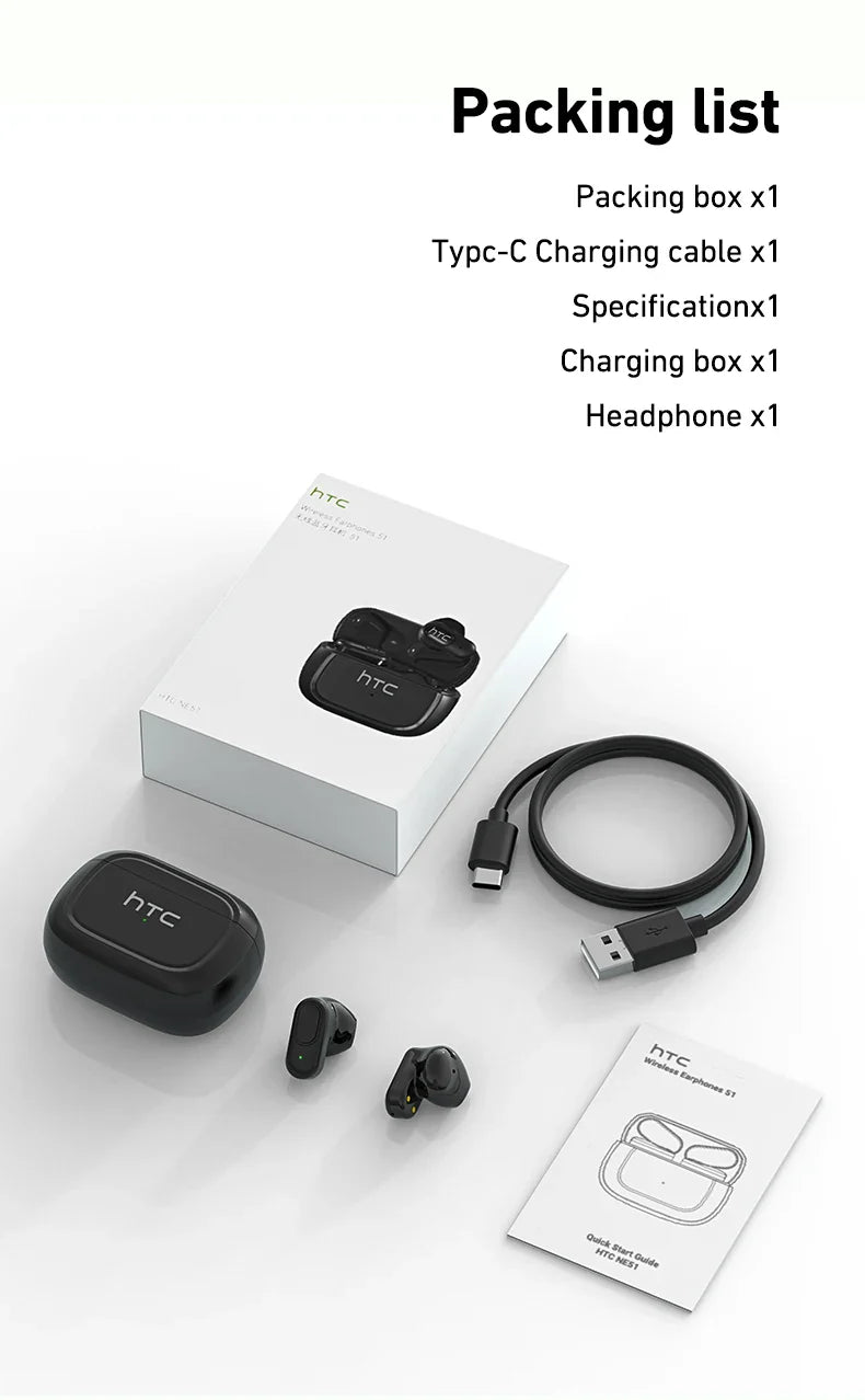 HTC NE51 Bluetooth Earphones TWS Sport Wireless Headphones Long Life with Mic In-Ear Earbuds AI Translator Earbuds