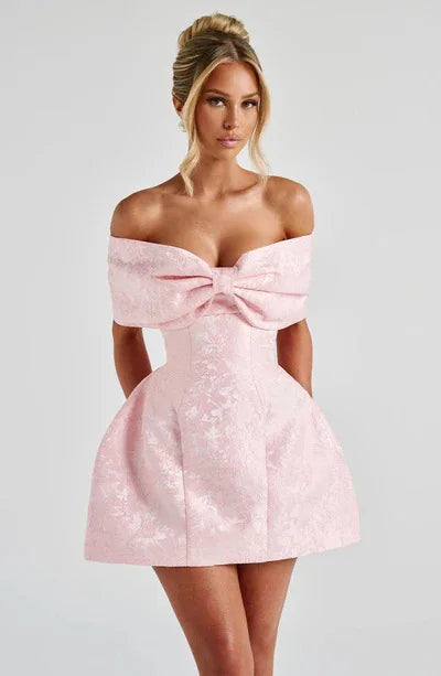 Fashionable And Sweet Slim Fit Jacquard Strapless Tie Bow One Shoulder Short Skirt American Sexy Temperament Solid Color Dresses