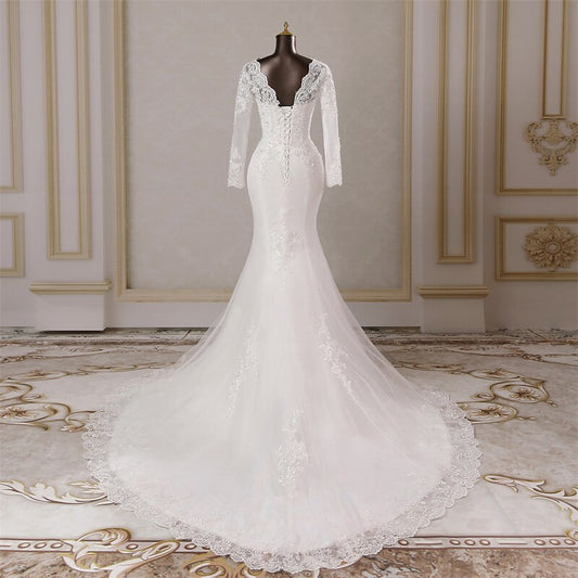 White Bridesmaid Dresses: long sleeves applique mermaid Wedding dresses