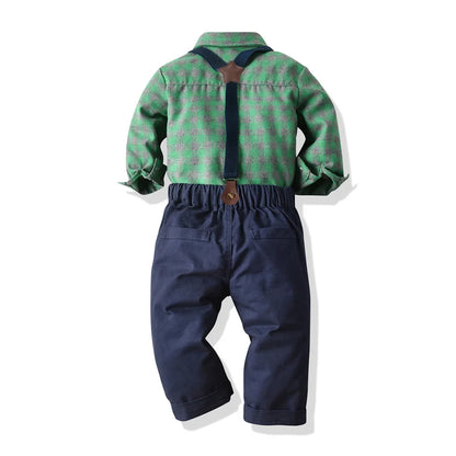 Children's Plaid Shirt and strap pants set for Boys with Bow Tie baby boy clothes 0 to 3Y Autumn Boys Clothes 70-130cm