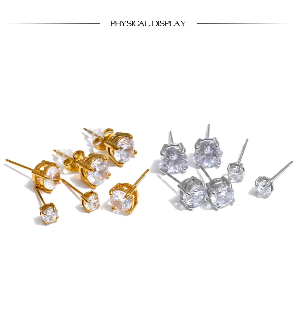 Yhpup 1Set High Quality Shiny Cubic Zirconia Round Stud Earrings Daily Stainless Steel Versatile Premium Jewelry Party Gift
