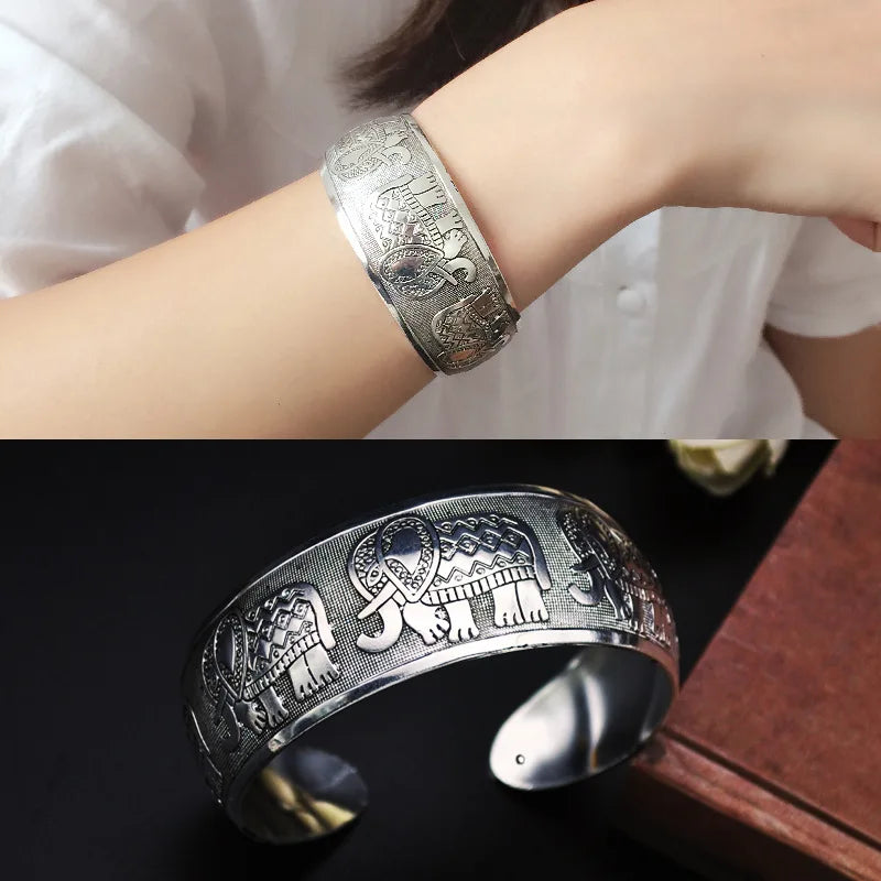 Meetvii New Retro Cuff Bracelets Tibetan Silver Metal Carving Sea Turtle Lotus Elephant Flower Bangles Vintage Gypsy Jewelry