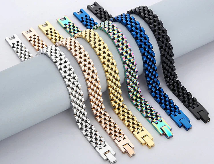 10MM Watchband Style Men's Bracelets For Women Man Ladies Gold Color Stainless Steel Mannen Armband Male Jewelry Accessories New