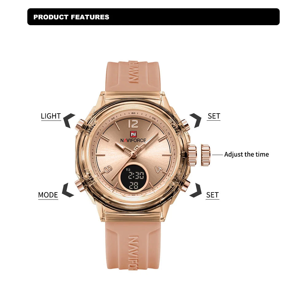 NAVIFORCE Luxury Women's Watch Gold Outdoor Sports Waterproof Watches Dual Time Display Quartz Wristwatches Rubber Digital Clock