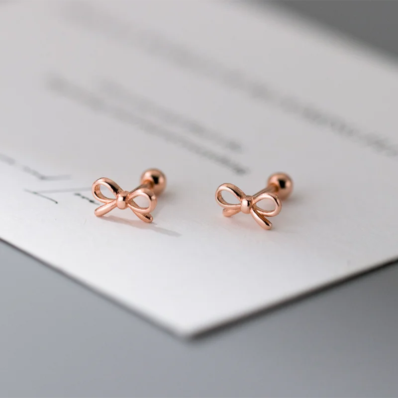 WANTME 925 Sterling Silver Romantic Bow Screw Bead Piercing Stud Earrings for Women Fashion Simple Cute Girls Party Jewelry Gift