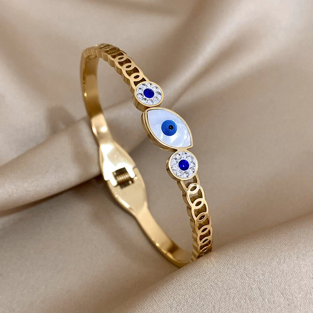 Evil Eye Bracelet Exquisite Stainless Steel Hollow Evil Eye Decorative Charm Bracelet Bangles with Rhinestones