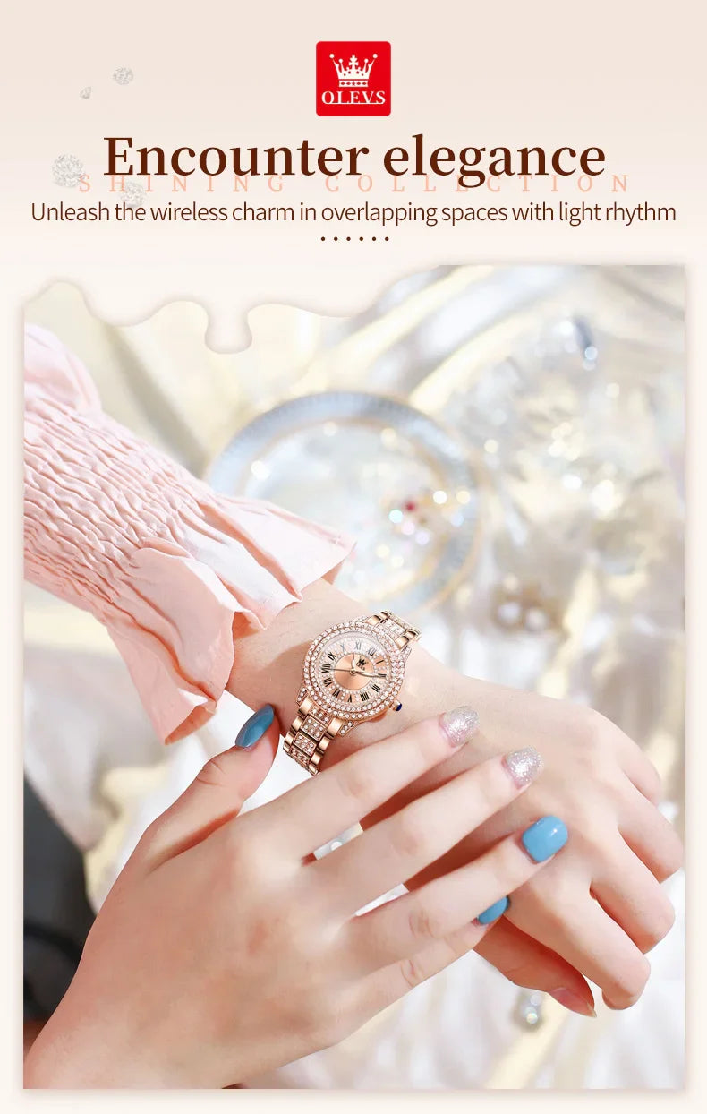 OLEVS 9943 Luxury All Diamond Original Quartz Watch for Women Elegant Rose Gold Stainless Steel Waterproof Ladies Wrist Watches