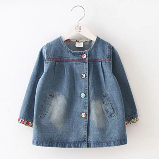 Fashion Children Baby Floral Button Patchwork Denim Blue Long Jacket For kids Girls
