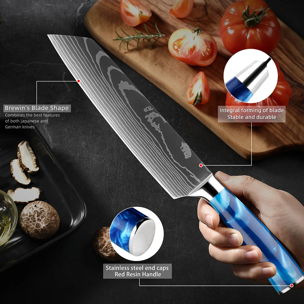 1-8 Piece Kitchen Knife Set, Blue Resin Handle for Chef Knife, Paring Knife