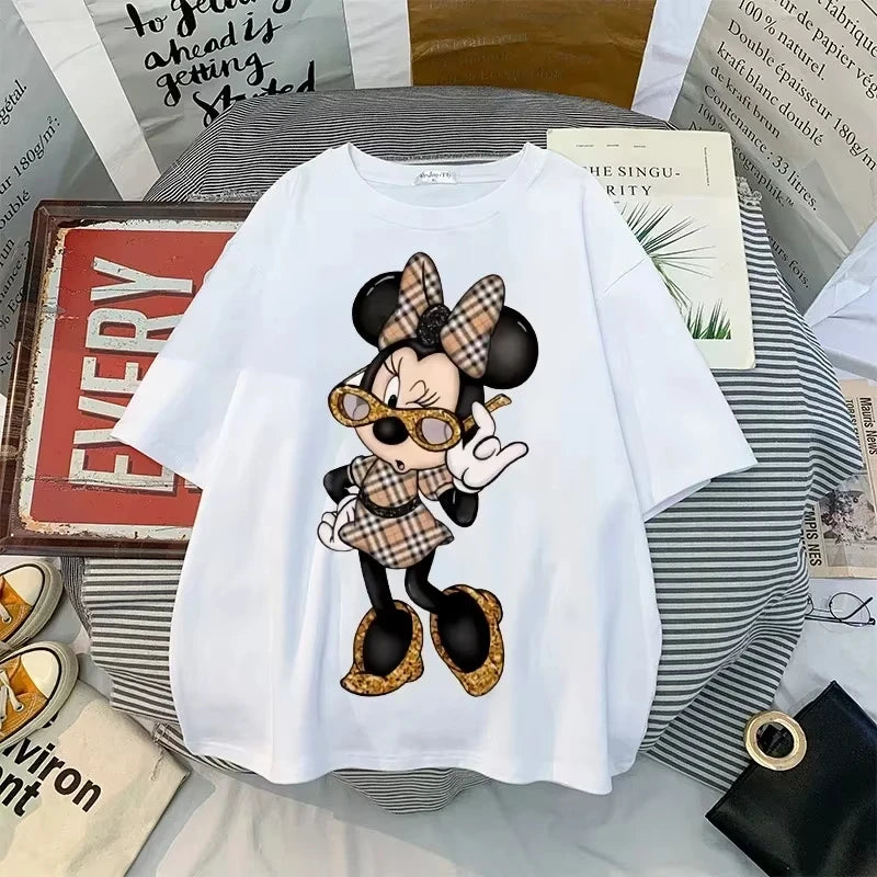 Disney New Minnie Kawaii Fun Women's Printed T-shirt Fashion Summer Cartoon Minnie Top Y2K Women's Extra Large Cotton T-shirt