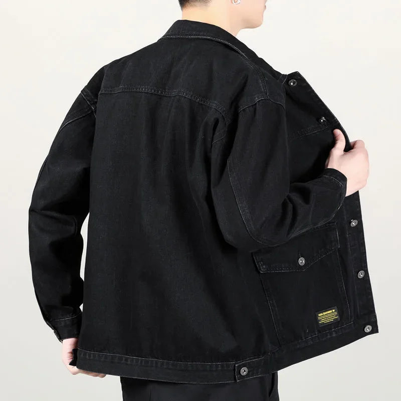 Denim jacket men's baggy multi-pocket handsome top large size lapel casual jacket