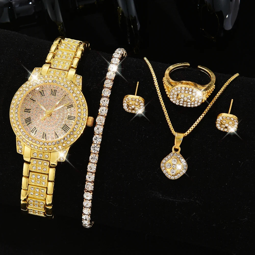 6PCS/SET Silver Women's Watch Business Leisure Element Watch Luxury Dial Quartz Watch Jewelry Set Gift For Her