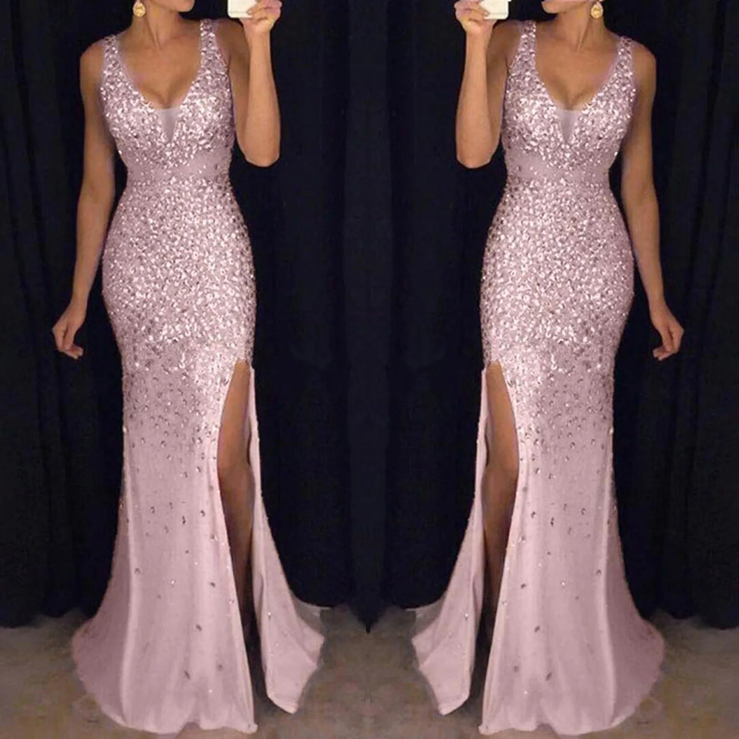 Evening Dresses: Women Elegant Sequins Long Evening Dress V Neck Split Glitter