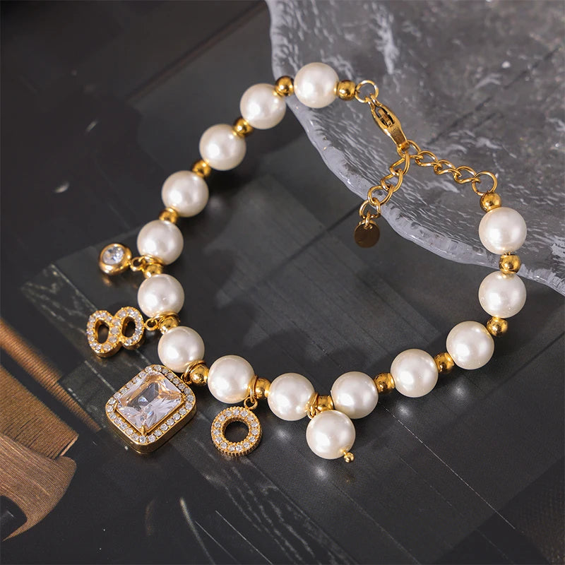 Elegant White Shell Square Zircon Pendant Necklace Bracelet Set Women's Stainless